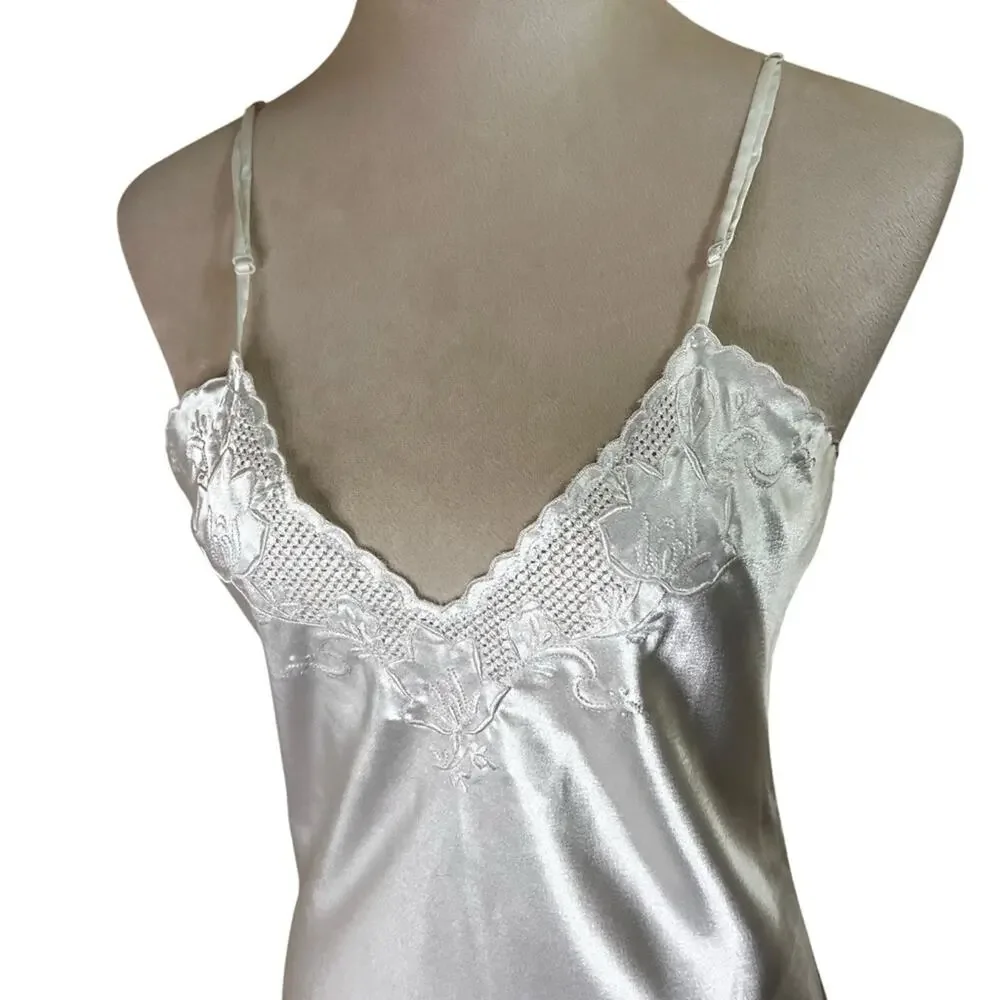 Vintage 90s Satin Bridal Slip Dress – Hand Embroidered, French Seams, Size L - Picture 2 of 11